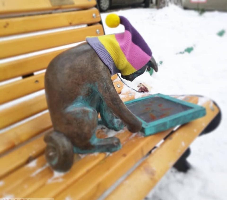Одесситка украла с памятника коту-геймеру шапочку для своей собаки (видео) «фото»